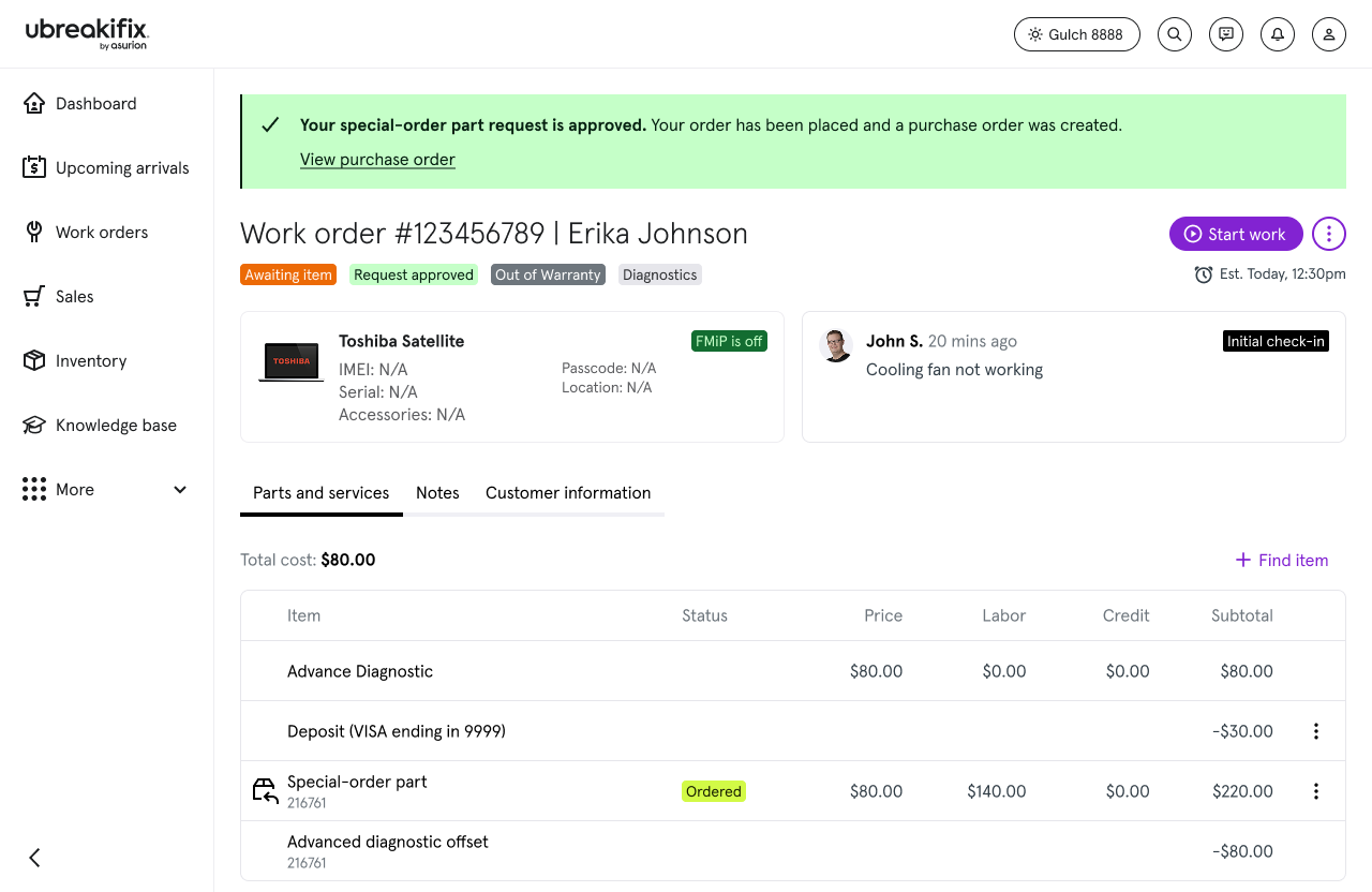 Approved — parts on work order