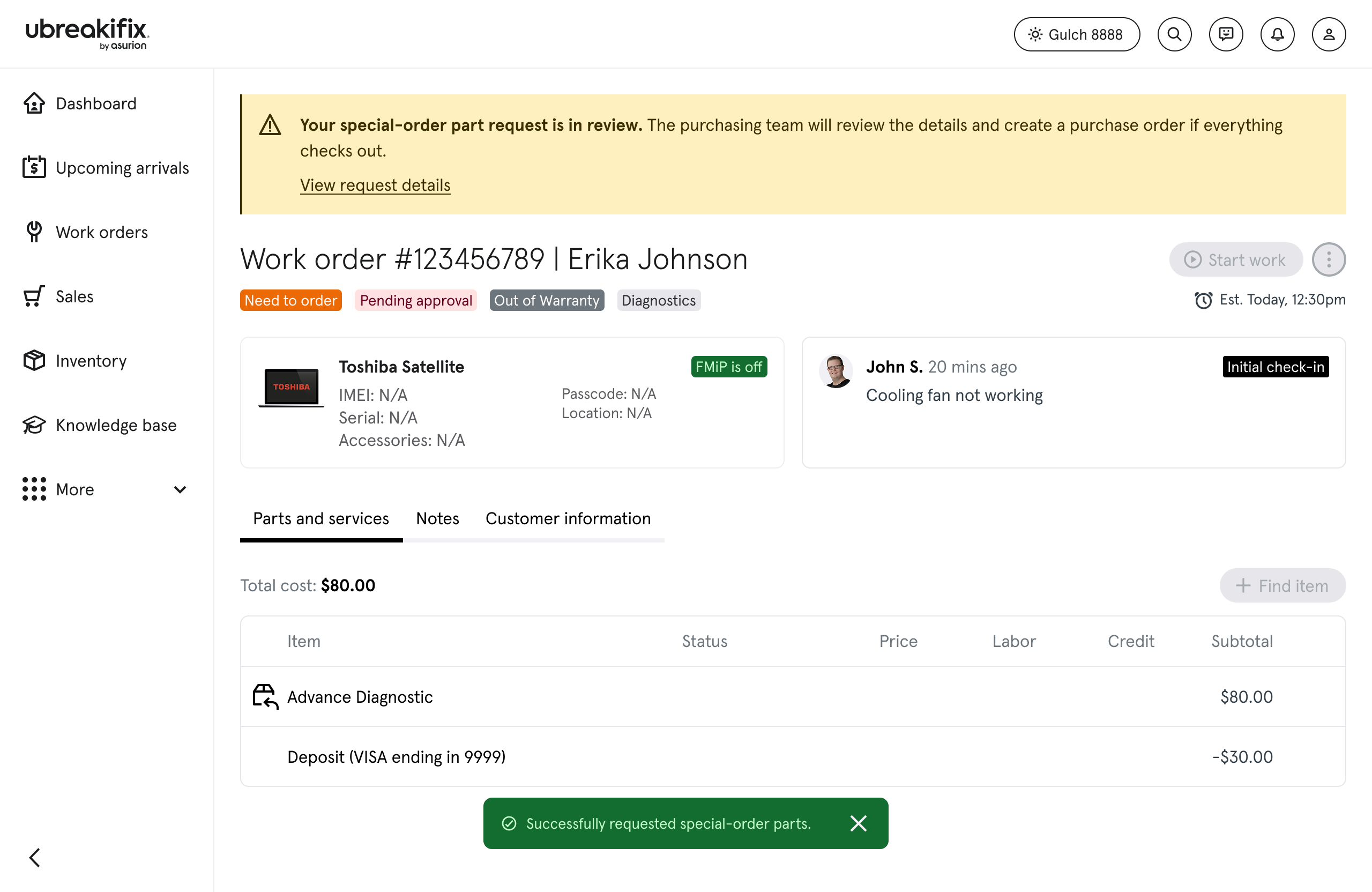 Pending approval — work order
