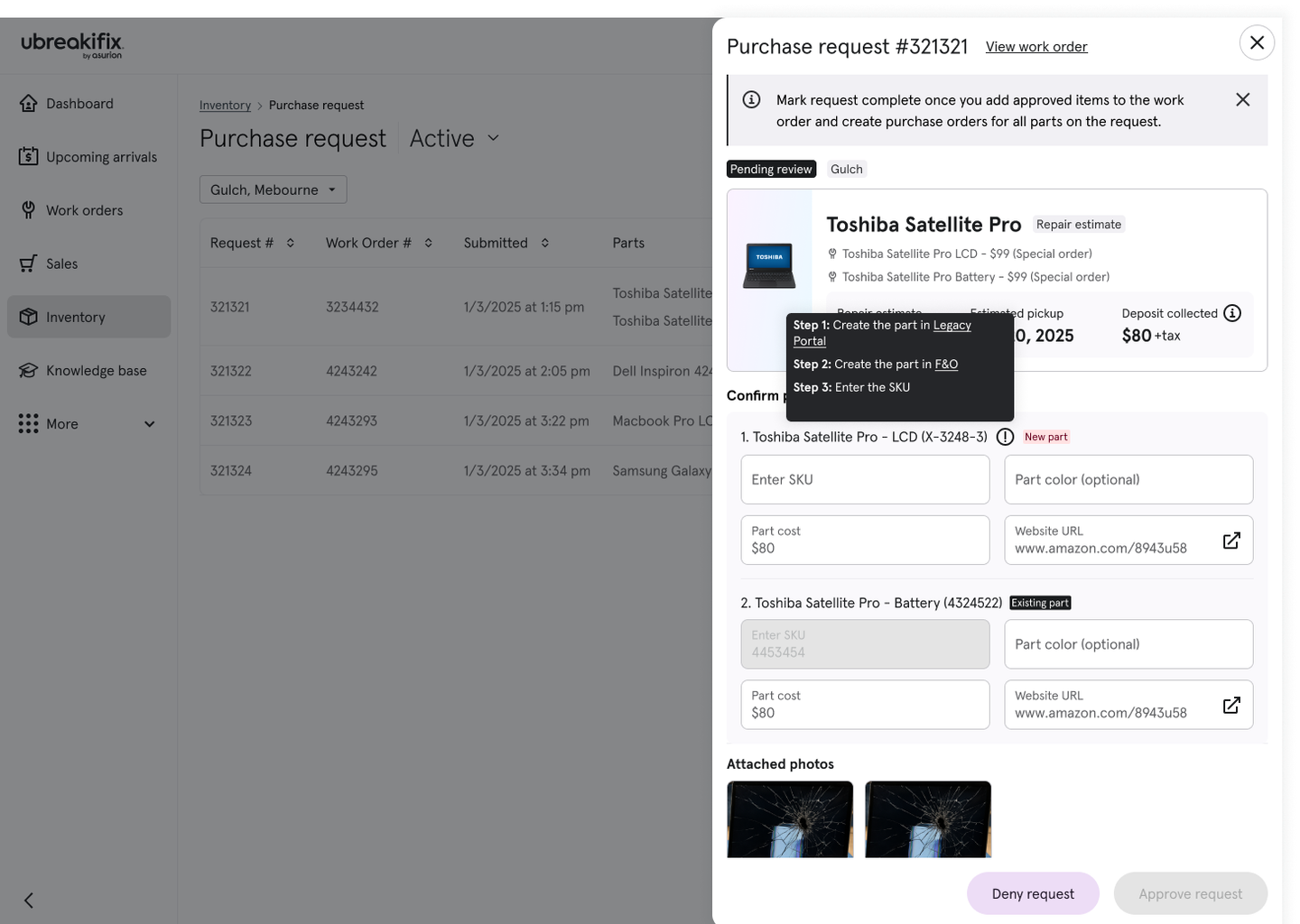 Purchase request detail panel for triage and approval